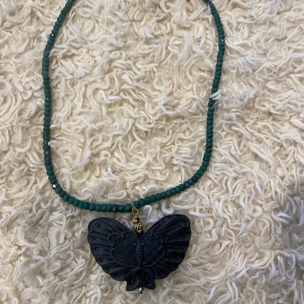 Pressed Lava Butterfly with Raw Emerald choker
